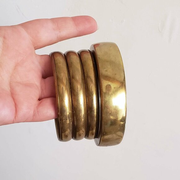 2pcs Vintage BRASS & WOOD Bangles Bracelets Wide Minimalist Modernist - Picture 3 of 12